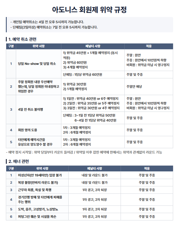 아도니스 회원제 위약 규정